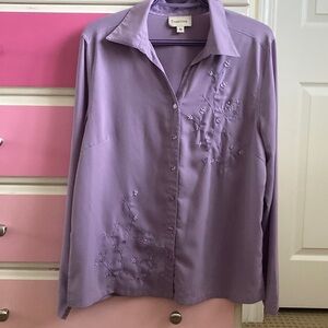 Vintage purple tradition embroidered butterflies and flower button up shirt